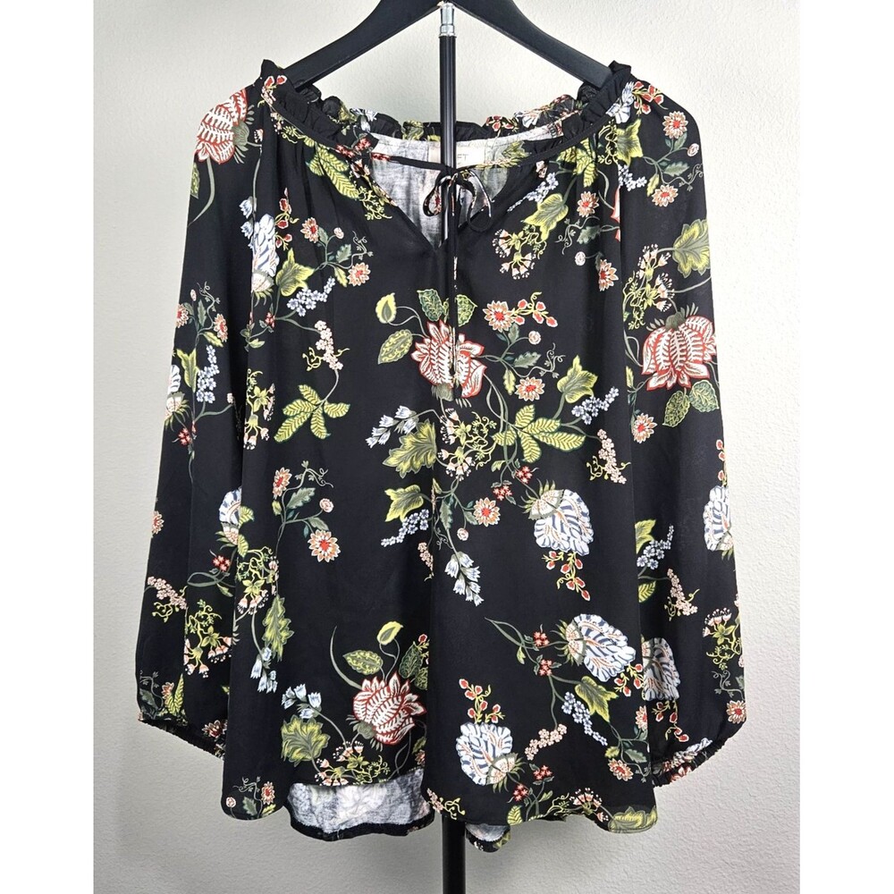 LOFT Outlet XL Black Floral Peasant Blouse Long Sleeve Boho Tie Neck Top